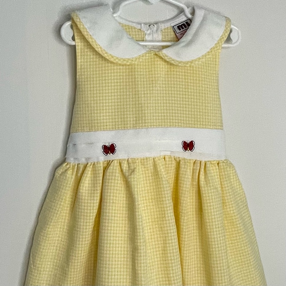Yellow Gingham Embroidered Dress Butterfly Peter Pan Collar Vintage Girls Size 4 - Picture 4 of 12
